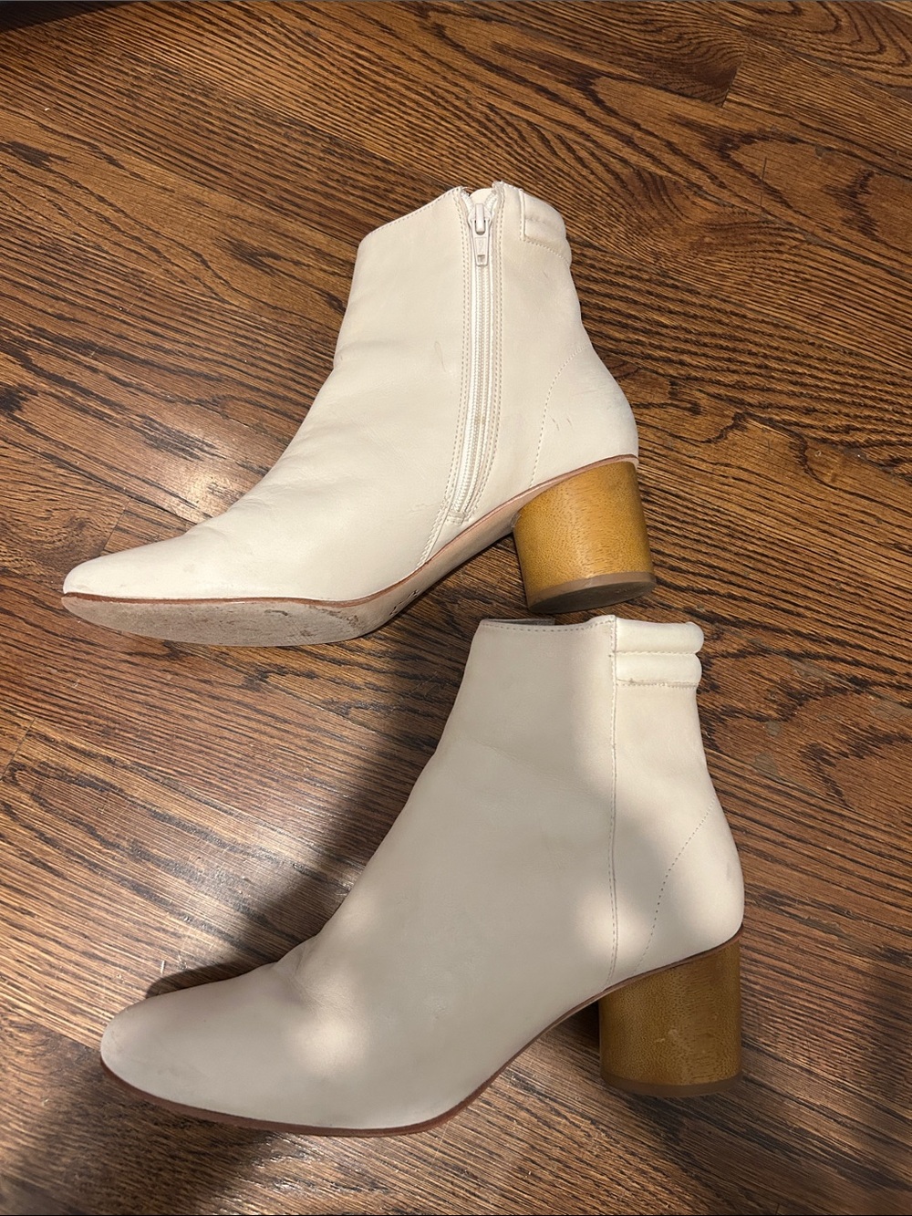 Bernardo Cream Leather Ankle Boots with Wood-Tone Block Heel